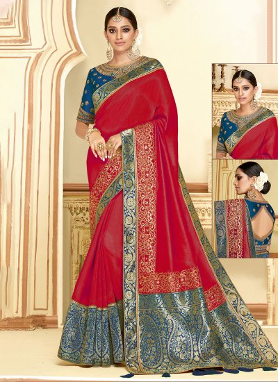 Red Embroidered Satin Silk Trendy Saree