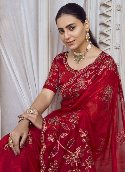 Red Embroidered Shimmer Classic Saree