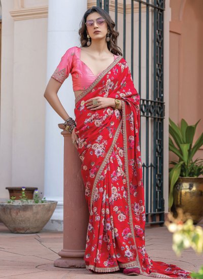 Red Floral Print Party Trendy Saree