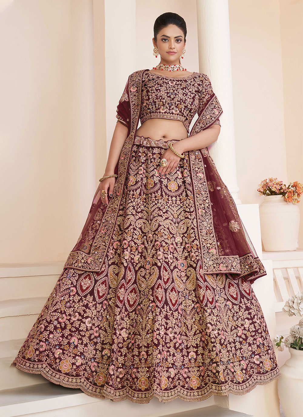 Net Sequins Work Lehenga Choli In Red Colour-LD3161750