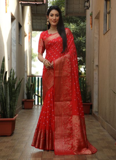 Red Silk Bandhej Trendy Saree