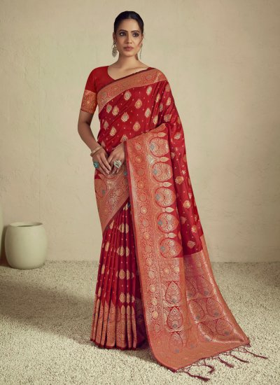 Red Weaving Mehndi Classic Designer Saree