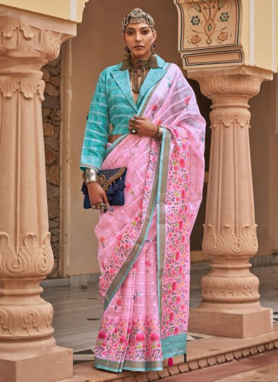Refreshing Woven Pink Linen Trendy Saree