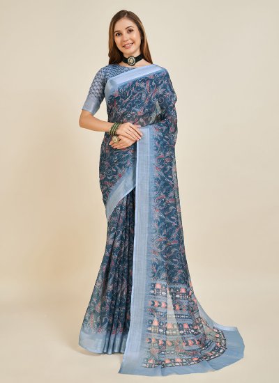 Regal Blue Printed Linen Casual Saree