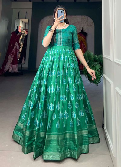 Regal Green Printed Readymade Gown