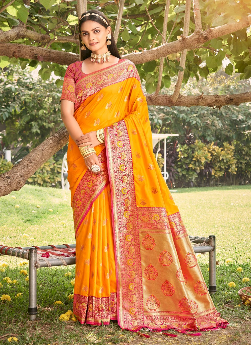 Reception, Traditional Pink and Majenta, Yellow color Kanjeevaram Silk,  Silk fabric Saree : 1885476