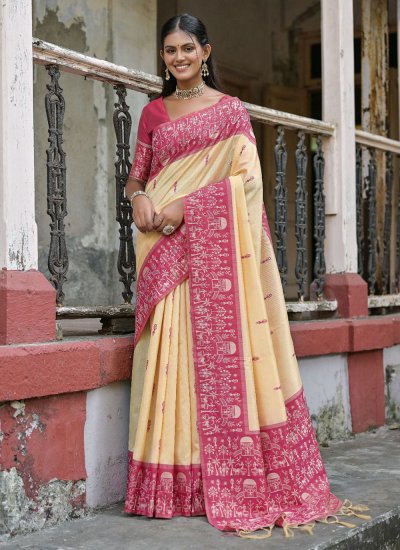 Renowned Pink Woven Handloom silk Contemporary Style Saree