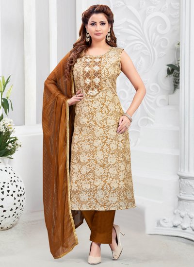 Resham Chanderi Silk Trendy Salwar Kameez in Brown and Cream