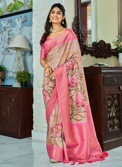 Resplendent Handloom silk Floral Print Beige and Pink Trendy Saree