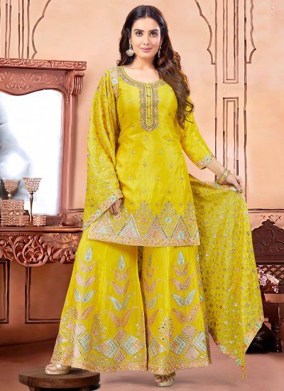 Resplendent Sequins Yellow Silk Trendy Salwar Kameez