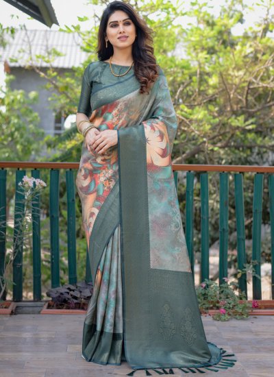 Riveting Banarasi Silk Teal Digital Print Trendy Saree