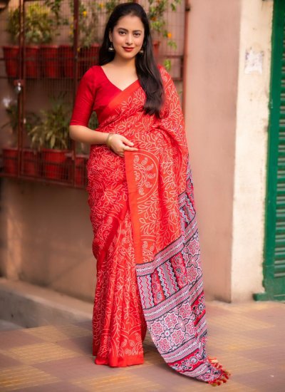 Riveting Red Digital Print Silk Blend Trendy Saree