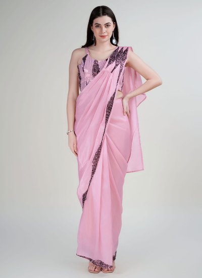 Rose Pink Satin Silk Trendy Saree