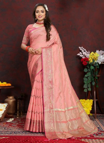 Rose Pink Weaving Katan Silk Classic Saree