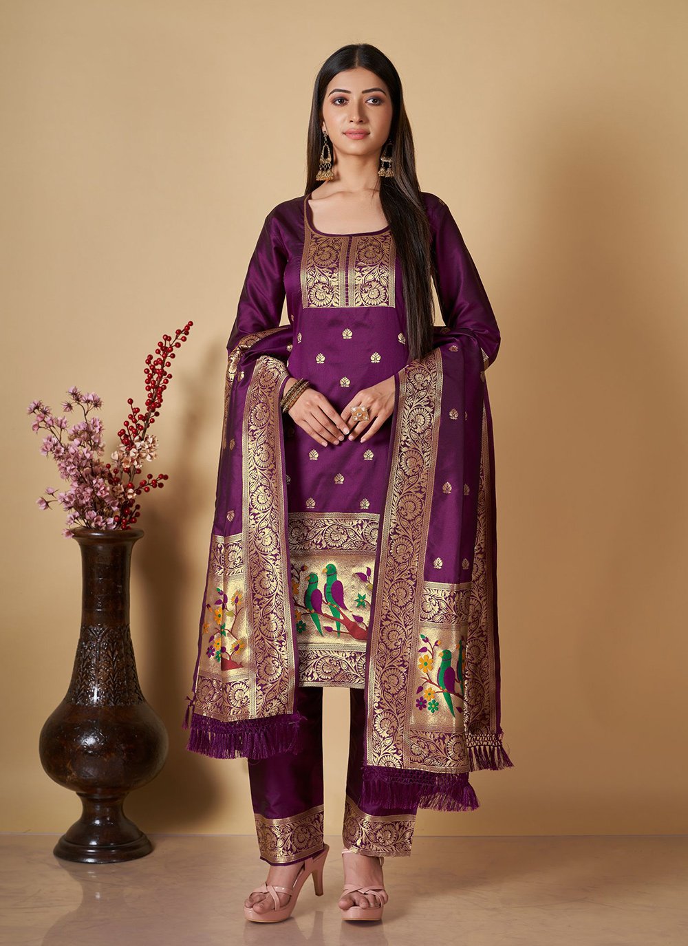 open lace back dress Elegant Purple Banarasi Silk Three Piece Unstitched Suit Set: A Timele