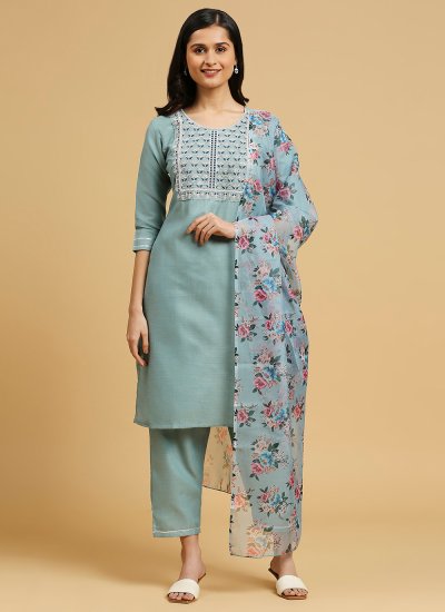 Salwar Suit Embroidered Cotton in Aqua Blue