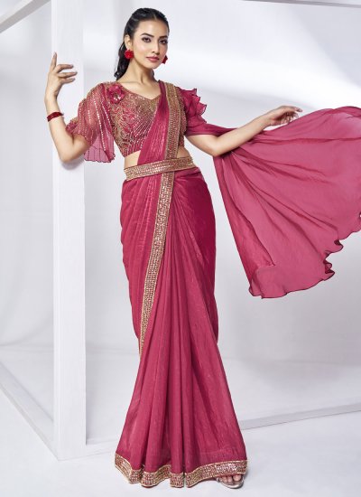Satin Silk Contemporary Saree in Pink and Rani
