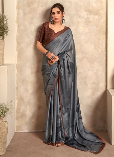 Satin Silk Grey Designer Trendy Saree