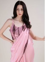 Satin Silk Pink Border Contemporary Style Saree