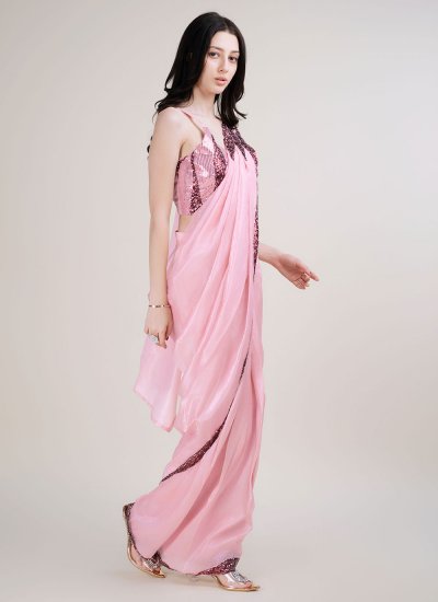 Satin Silk Pink Border Contemporary Style Saree