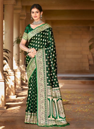 Satin Silk Thread Work Classic Designer Saree in Green
