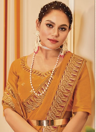 Savory Embroidered Yellow Designer Traditional Saree
