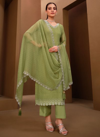 Scintillating Organza Green Trendy Salwar Suit