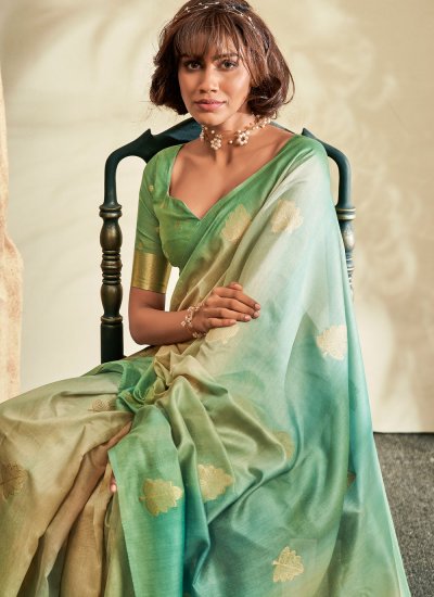 Sea Green Printed Khadi Silk Trendy Saree