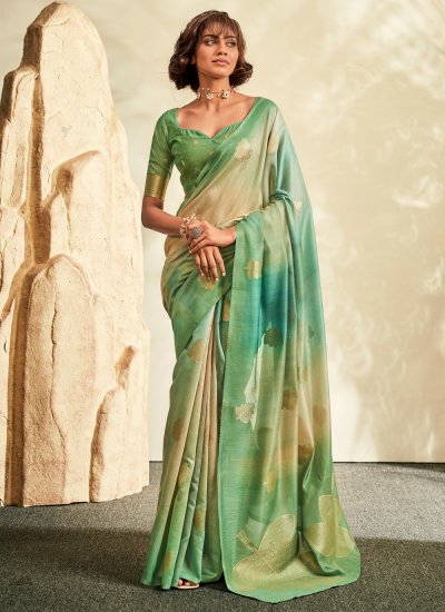 Sea Green Printed Khadi Silk Trendy Saree