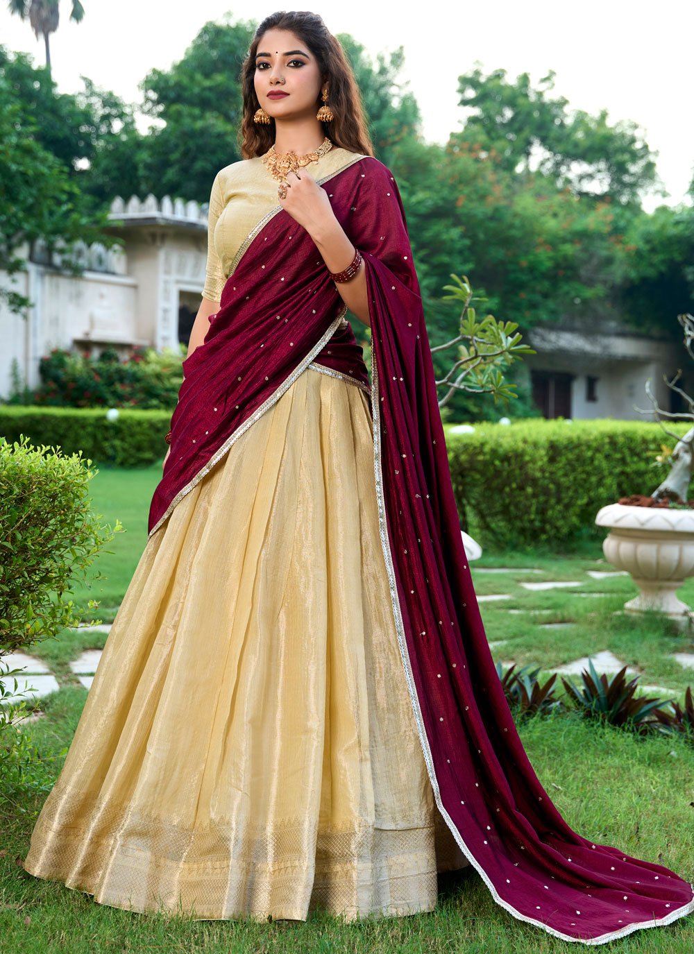 Sensible Kanchipuram Silk Weaving Cream Trendy Lehenga Choli Sensible Kanchipuram Silk Weaving Cream Trendy Lehenga Choli