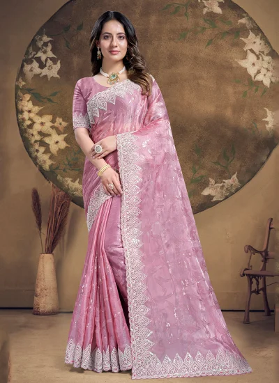 Sensible Pink Embroidered Silk Classic Saree