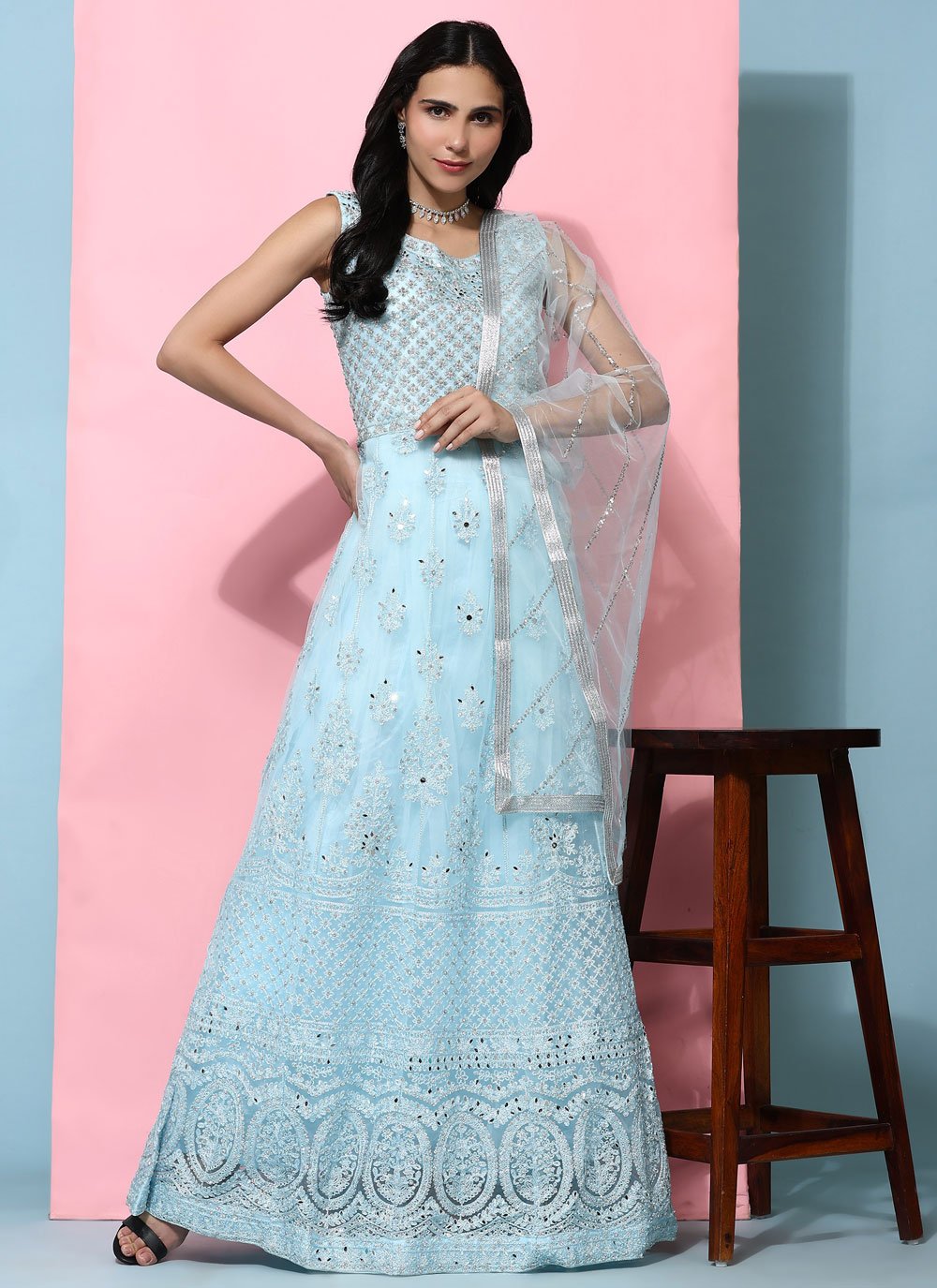 white christmas dresses Traditional Pakistani designer dresses in aqua blue color – Nameera by  Farooq main image 1