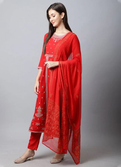 Sequins Rayon Readymade Salwar Kameez in Red