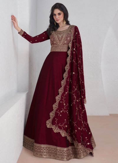 Sequins Silk Readymade Gown in Maroon
