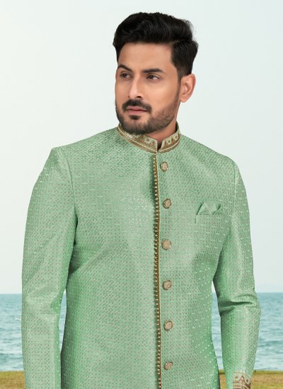 Sherwani Buttons Banarasi Silk in Sea Green
