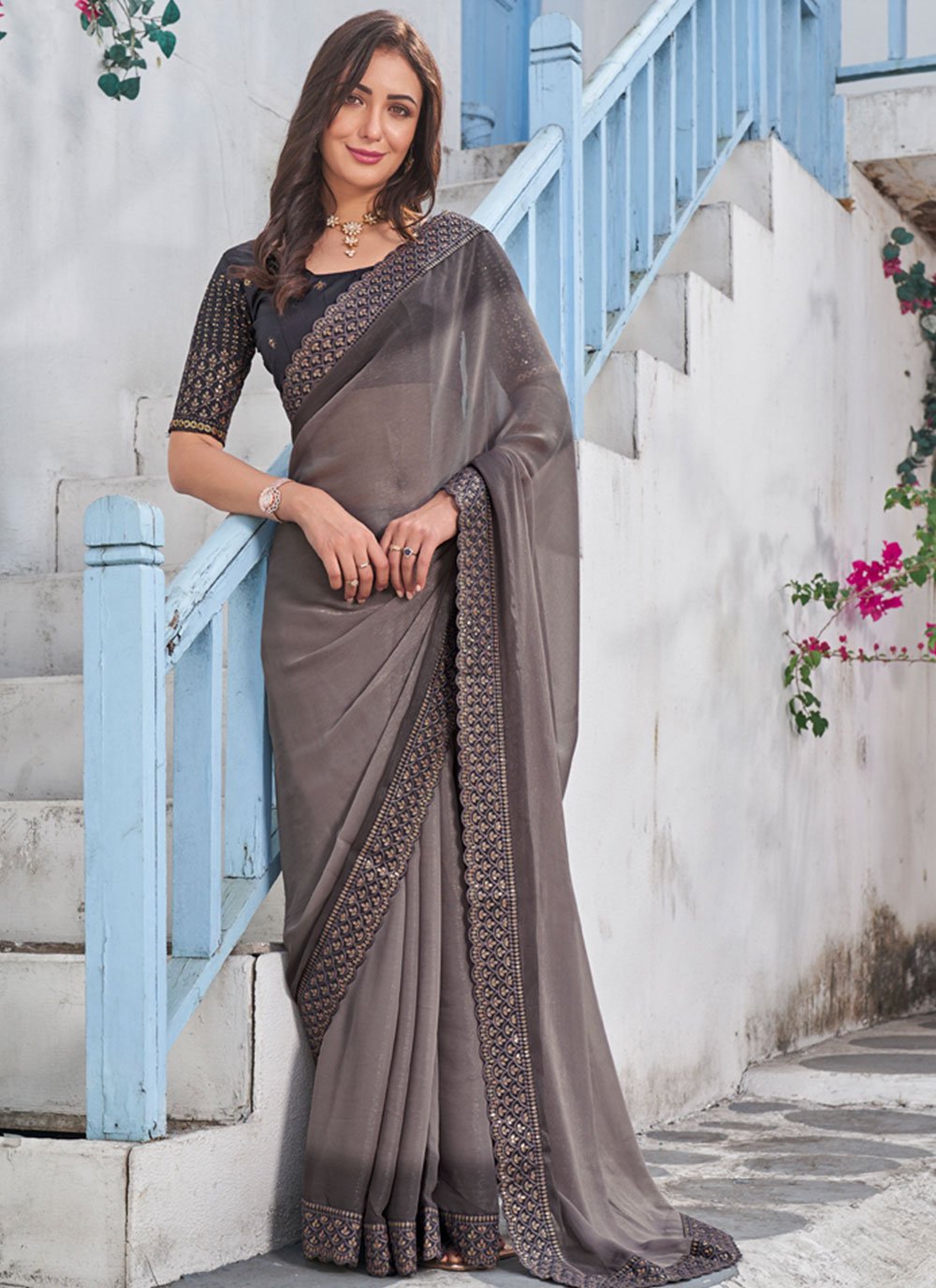 Net Designer Saree in Grey