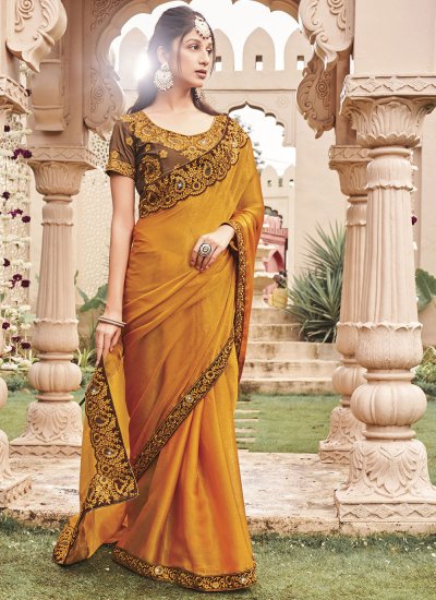 Shimmer Embroidered Trendy Saree in Yellow