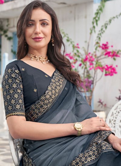 Shimmer Grey Embroidered Trendy Saree