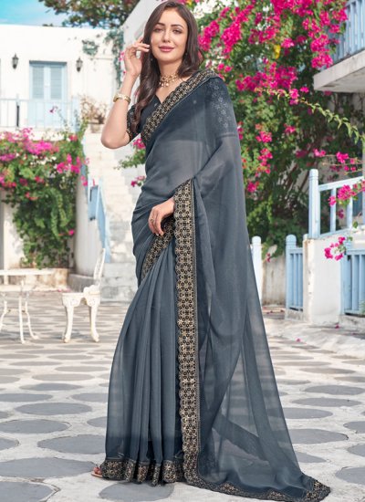 Shimmer Grey Embroidered Trendy Saree