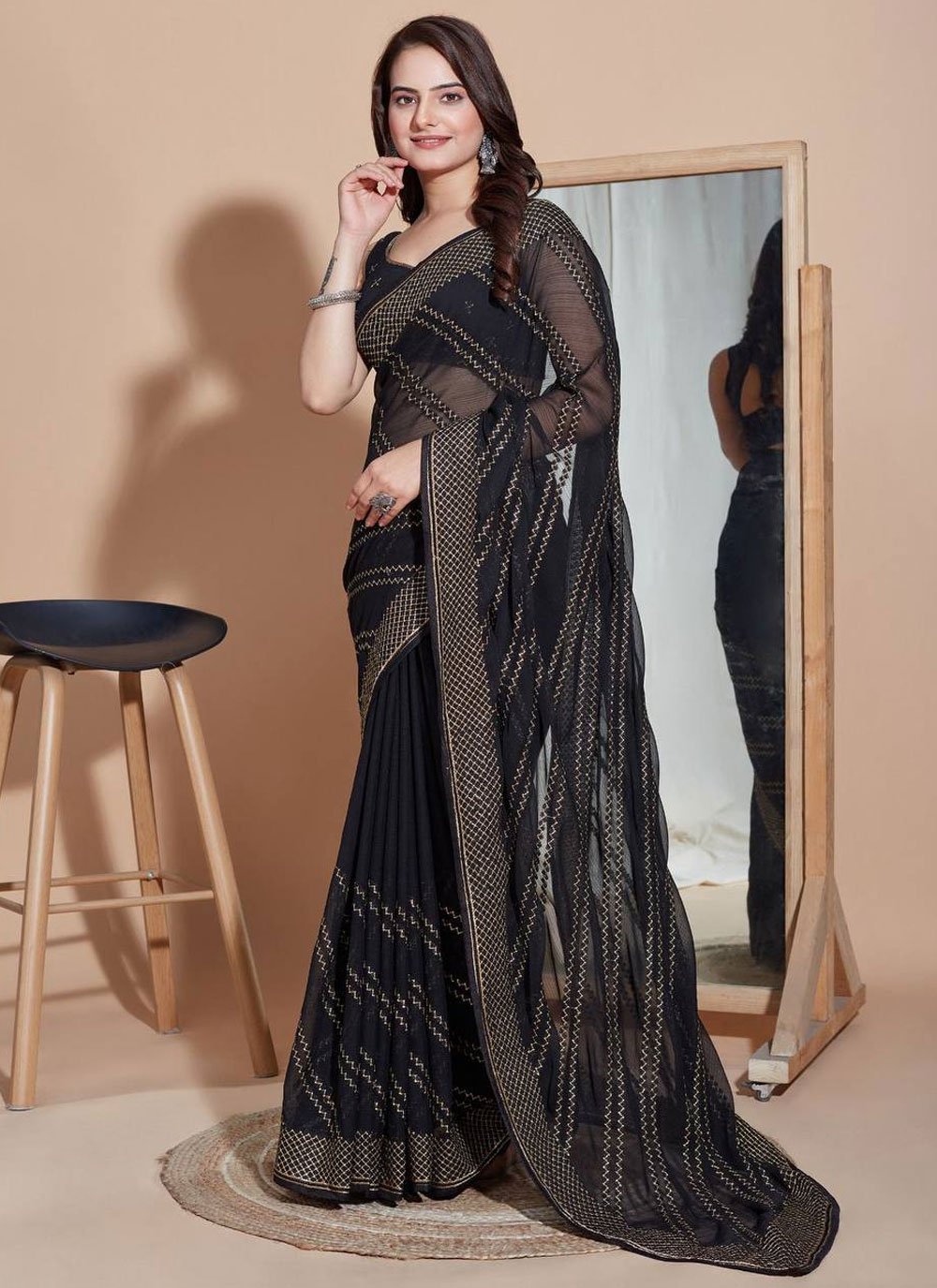 Moiaa black with pink border chiffon designer saree with matching blouse -  MOIAA - 251694