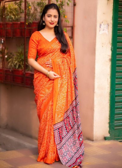Silk Blend Digital Print Trendy Saree in Orange