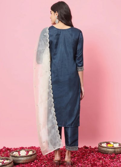 Silk Blend Embroidered Blue Salwar Suit