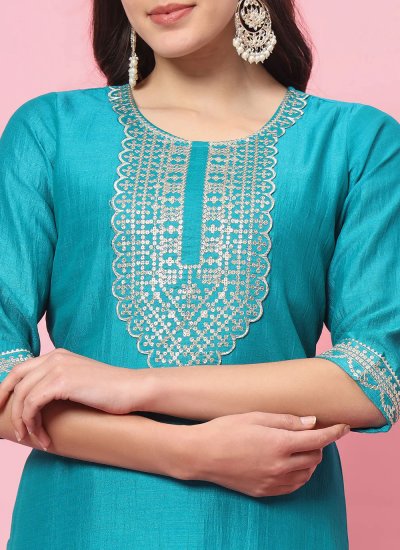 Silk Blend Turquoise Embroidered Salwar Suit