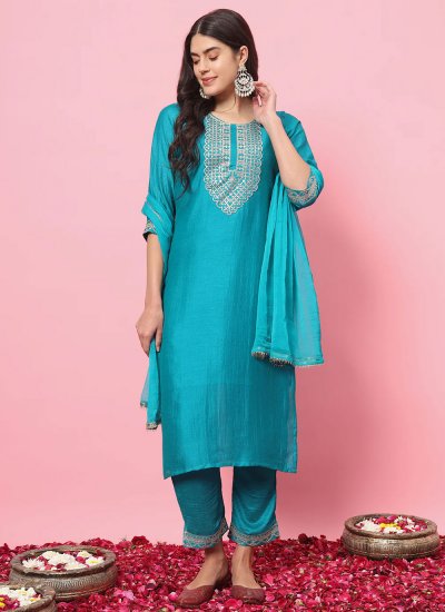 Silk Blend Turquoise Embroidered Salwar Suit
