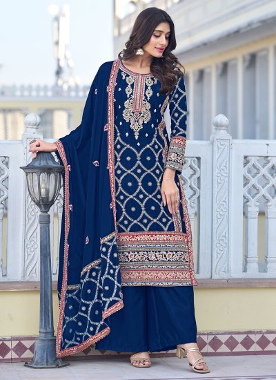Silk Blue Embroidered Trendy Salwar Kameez