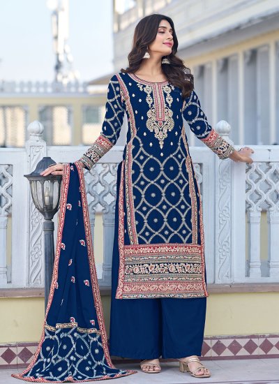 Silk Blue Embroidered Trendy Salwar Kameez