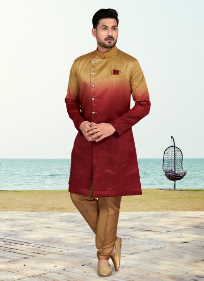 Silk Buttons Indo Western in Gold and Maroon