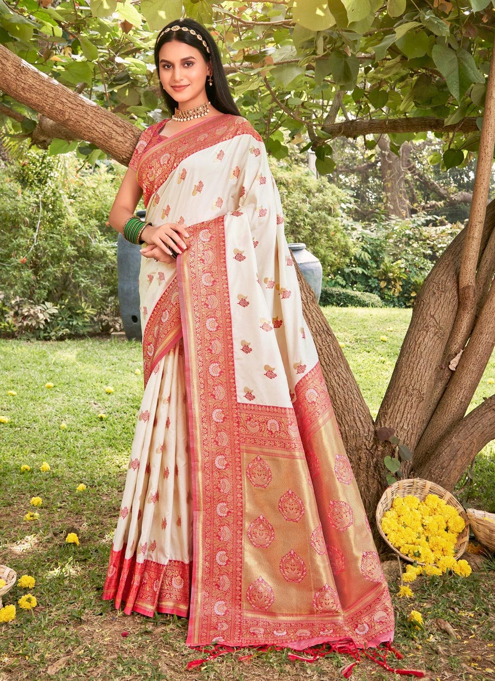 Buy Embroidered Silk Cream Classic Saree Online -