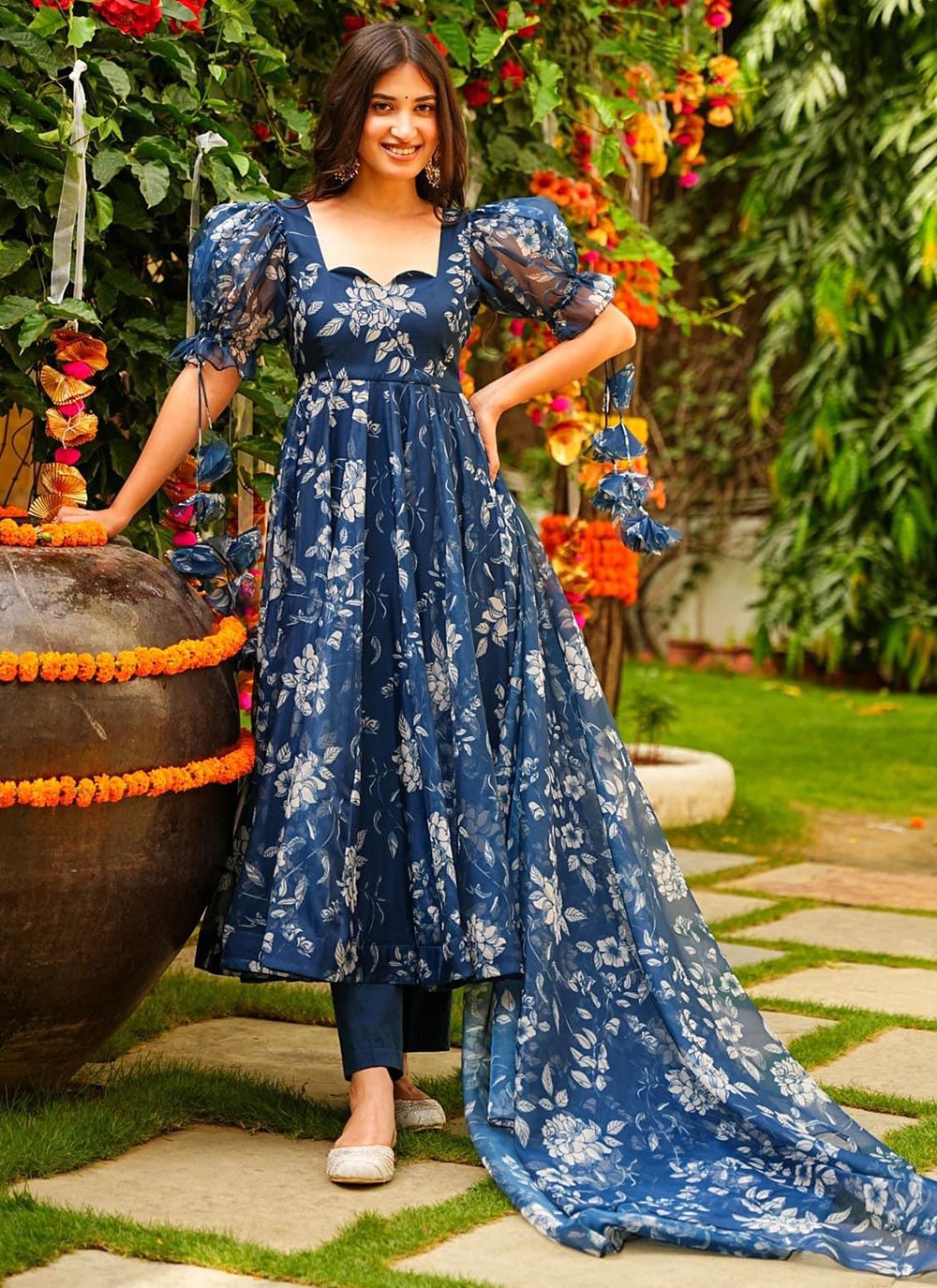 Silk Digital Print Blue Trendy Gown