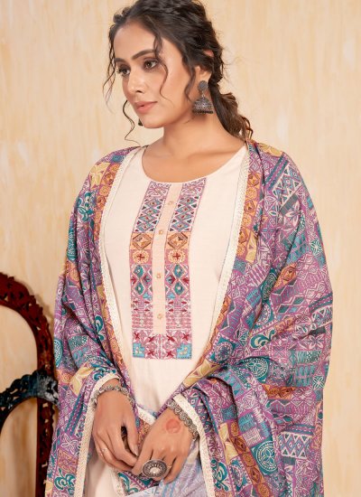 Silk Embroidered Cream Salwar Suit